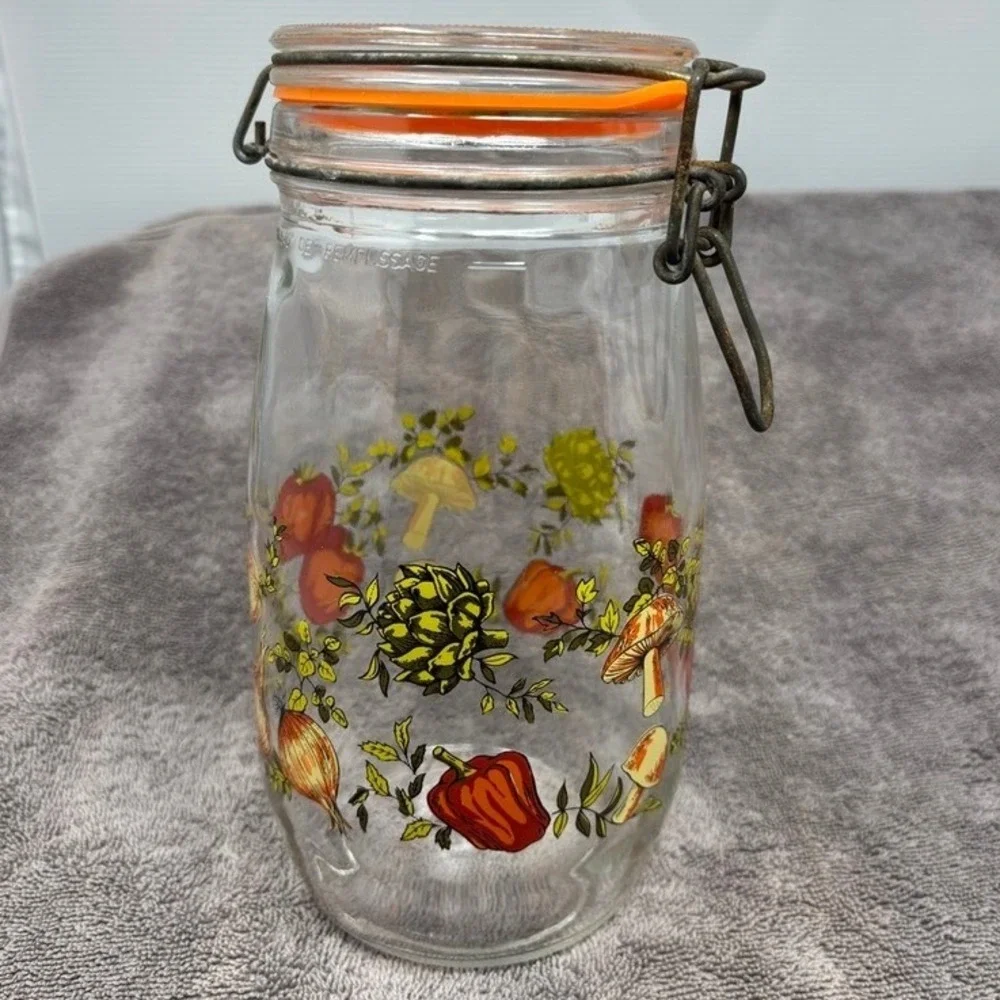 Vtg Made in France Glass Canister Vegetable Mushroom Lid Storage Jar